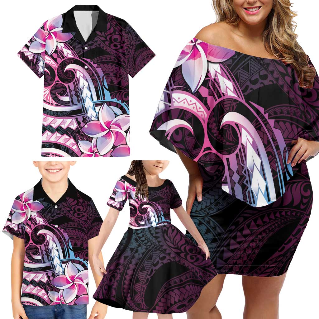 Polynesian Art Tattoo Family Matching Off Shoulder Short Dress and Hawaiian Shirt Plumeria Flowers Pink Gradient LT05 - Polynesian Pride