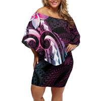 Polynesian Art Tattoo Family Matching Off Shoulder Short Dress and Hawaiian Shirt Plumeria Flowers Pink Gradient LT05 Mom's Dress Pink - Polynesian Pride