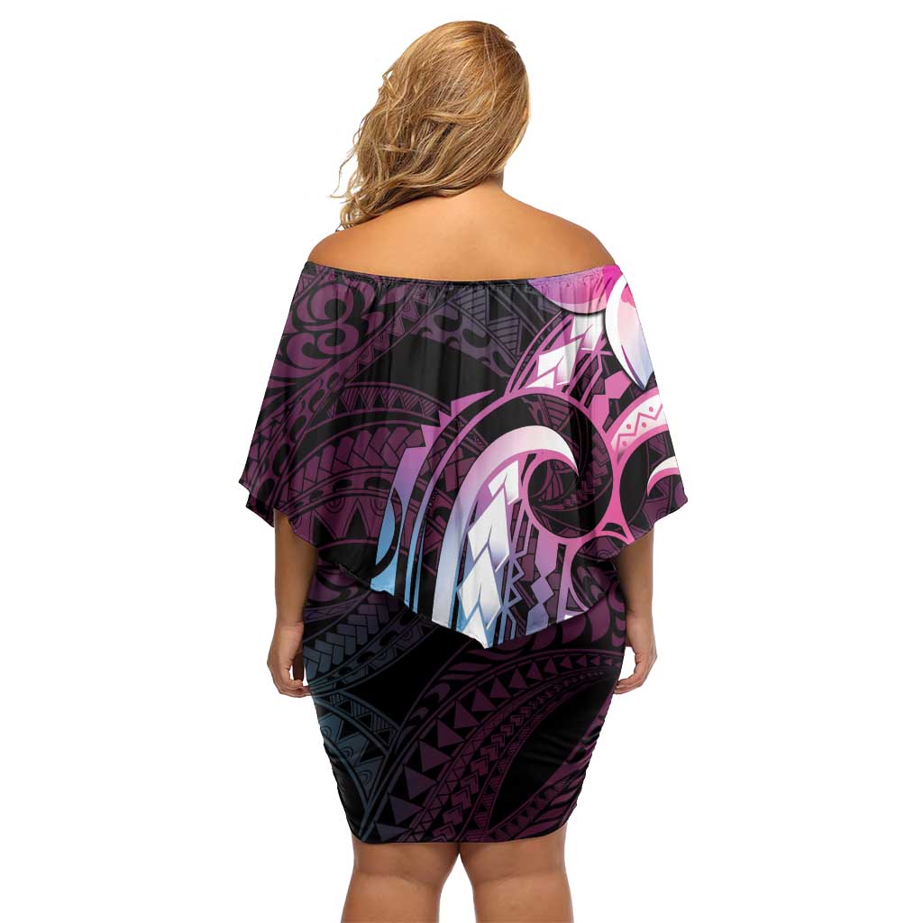 Polynesian Art Tattoo Family Matching Off Shoulder Short Dress and Hawaiian Shirt Plumeria Flowers Pink Gradient LT05 - Polynesian Pride
