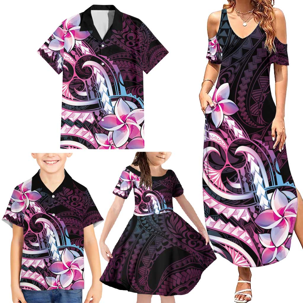 Polynesian Art Tattoo Family Matching Summer Maxi Dress and Hawaiian Shirt Plumeria Flowers Pink Gradient LT05 - Polynesian Pride
