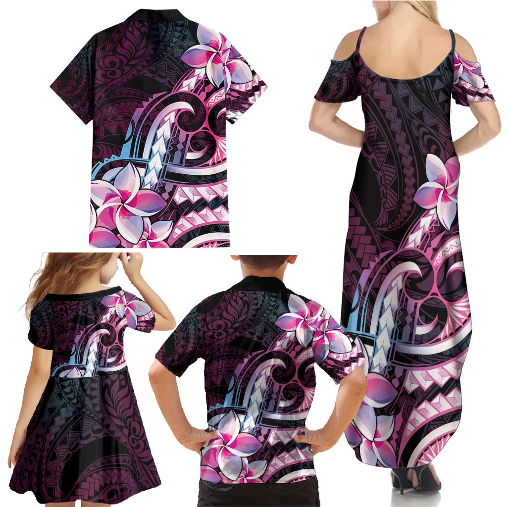 Polynesian Art Tattoo Family Matching Summer Maxi Dress and Hawaiian Shirt Plumeria Flowers Pink Gradient LT05 - Polynesian Pride
