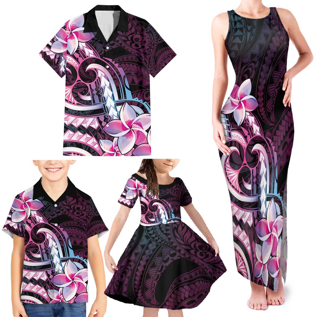 Polynesian Art Tattoo Family Matching Tank Maxi Dress and Hawaiian Shirt Plumeria Flowers Pink Gradient LT05 - Polynesian Pride