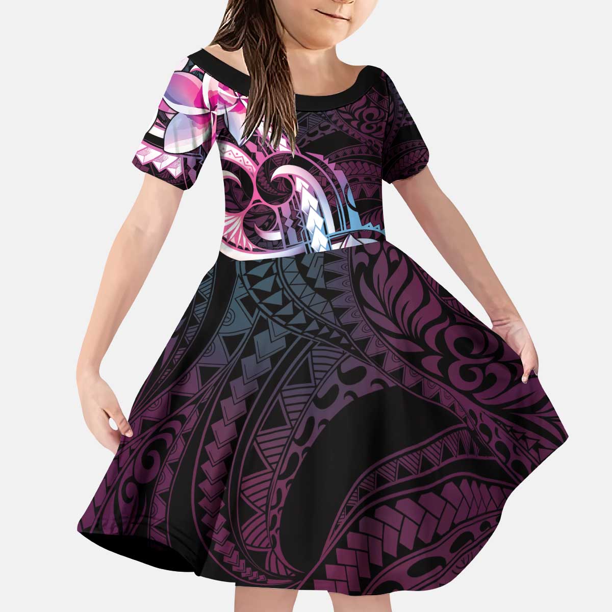Polynesian Art Tattoo Kid Short Sleeve Dress Plumeria Flowers Pink Gradient LT05 KID Pink - Polynesian Pride