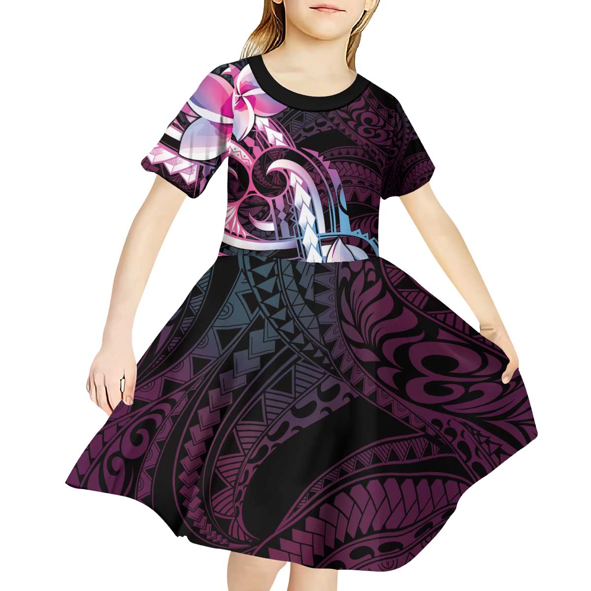 Polynesian Art Tattoo Kid Short Sleeve Dress Plumeria Flowers Pink Gradient LT05 - Polynesian Pride