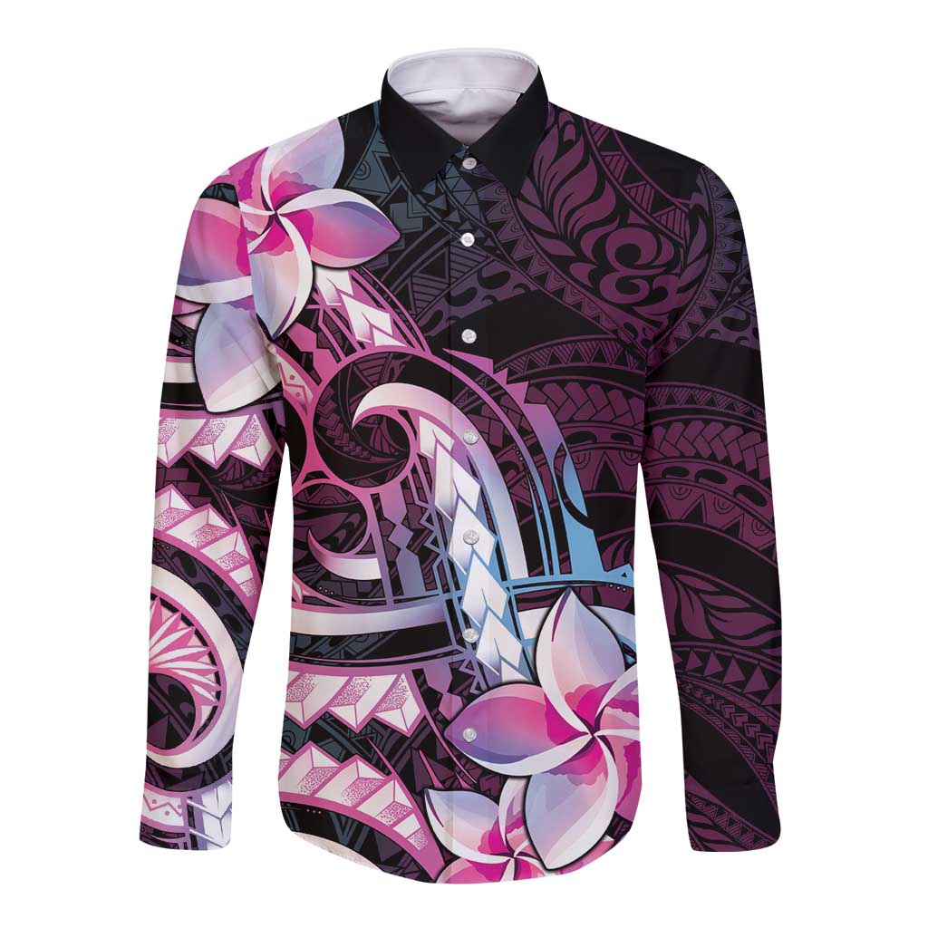 Polynesian Art Tattoo Long Sleeve Button Shirt Plumeria Flowers Pink Gradient
