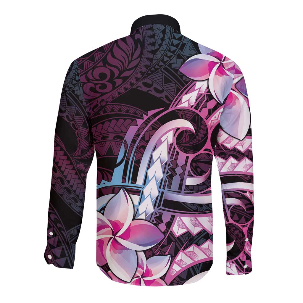 Polynesian Art Tattoo Long Sleeve Button Shirt Plumeria Flowers Pink Gradient