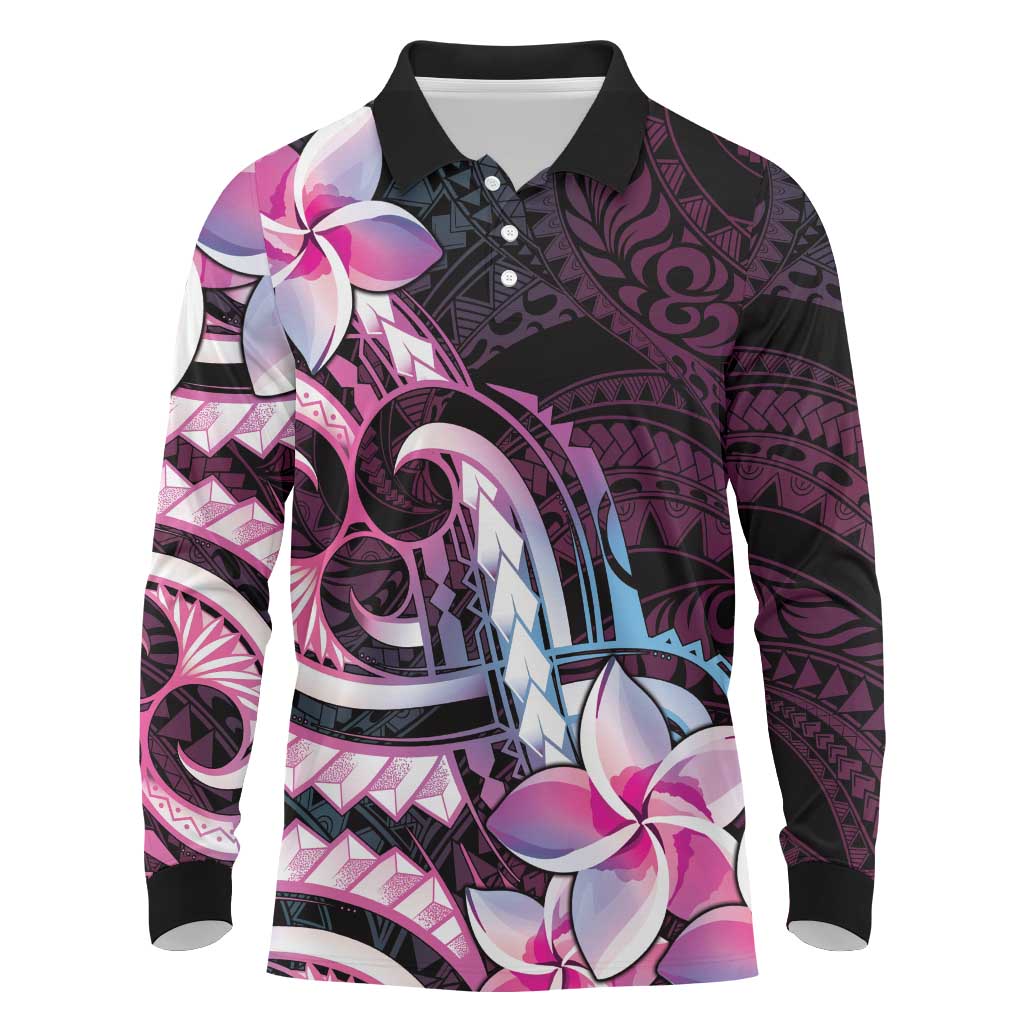 Polynesian Art Tattoo Long Sleeve Polo Shirt Plumeria Flowers Pink Gradient LT05 Pink - Polynesian Pride