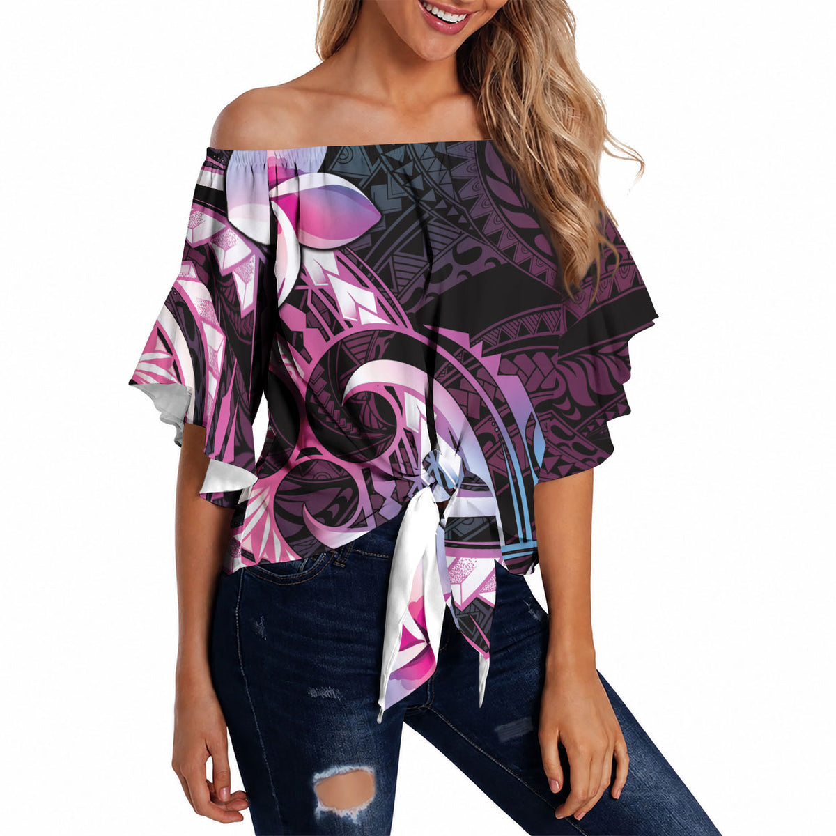 Polynesian Art Tattoo Off Shoulder Wrap Waist Top Plumeria Flowers Pink Gradient LT05 - Polynesian Pride