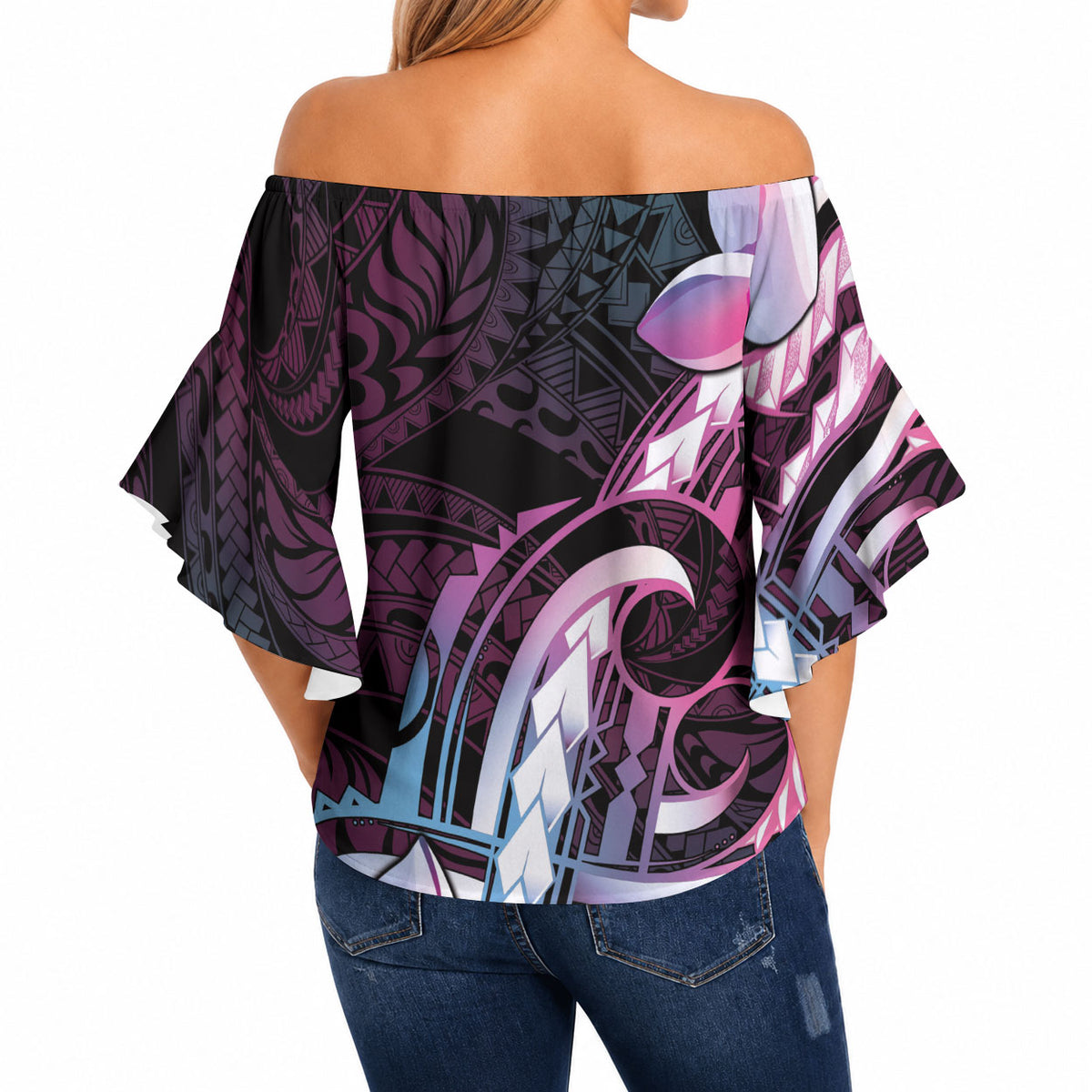Polynesian Art Tattoo Off Shoulder Wrap Waist Top Plumeria Flowers Pink Gradient LT05 - Polynesian Pride