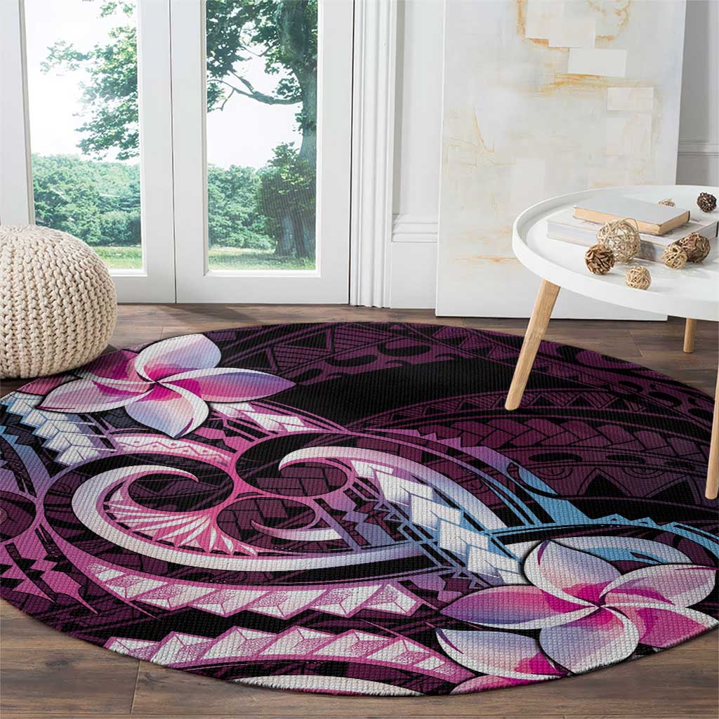 Polynesian Art Tattoo Round Carpet Plumeria Flowers Pink Gradient