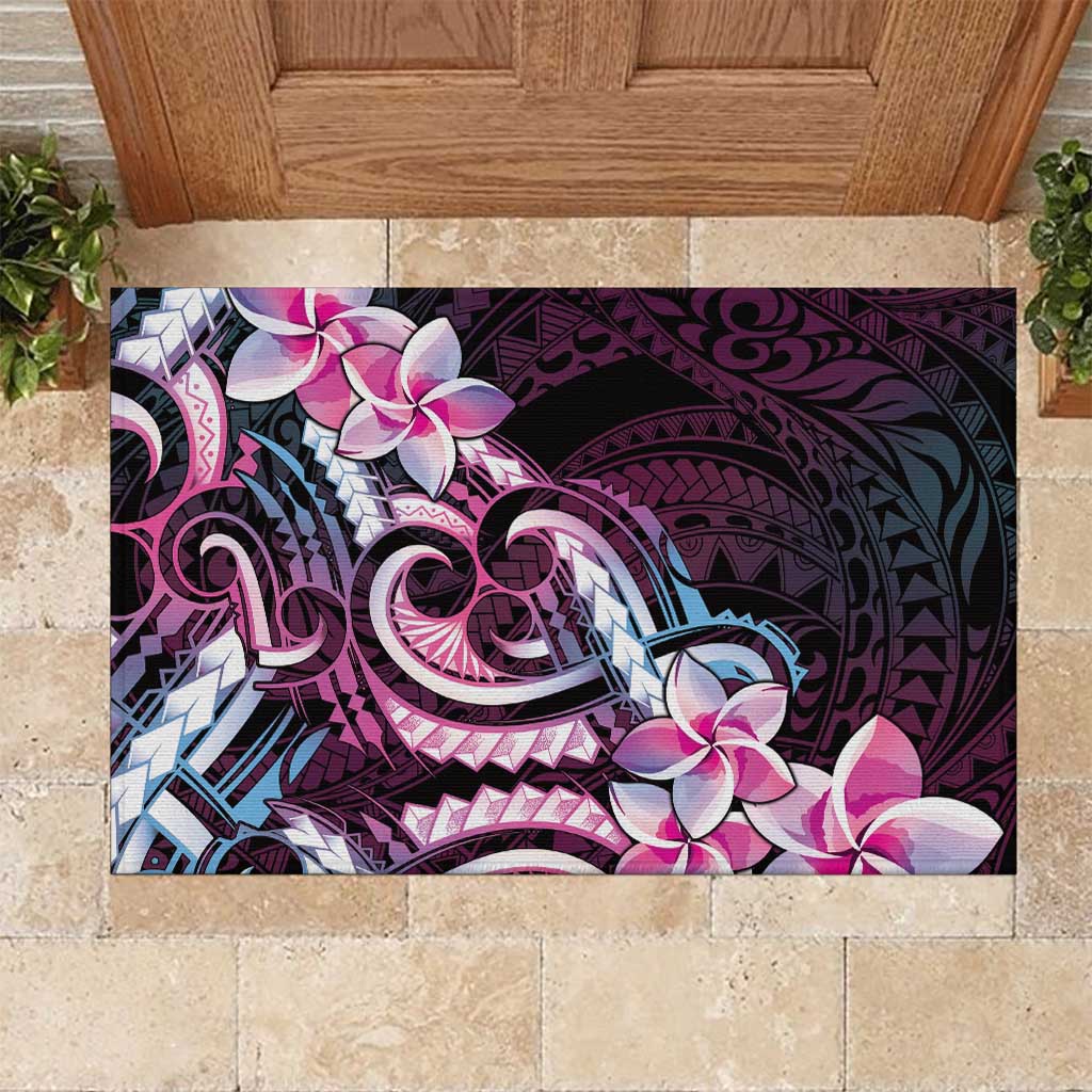Polynesian Art Tattoo Rubber Doormat Plumeria Flowers Pink Gradient