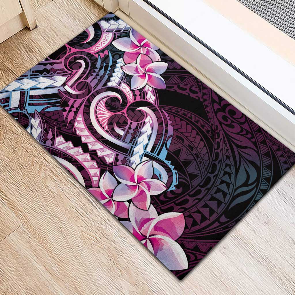 Polynesian Art Tattoo Rubber Doormat Plumeria Flowers Pink Gradient