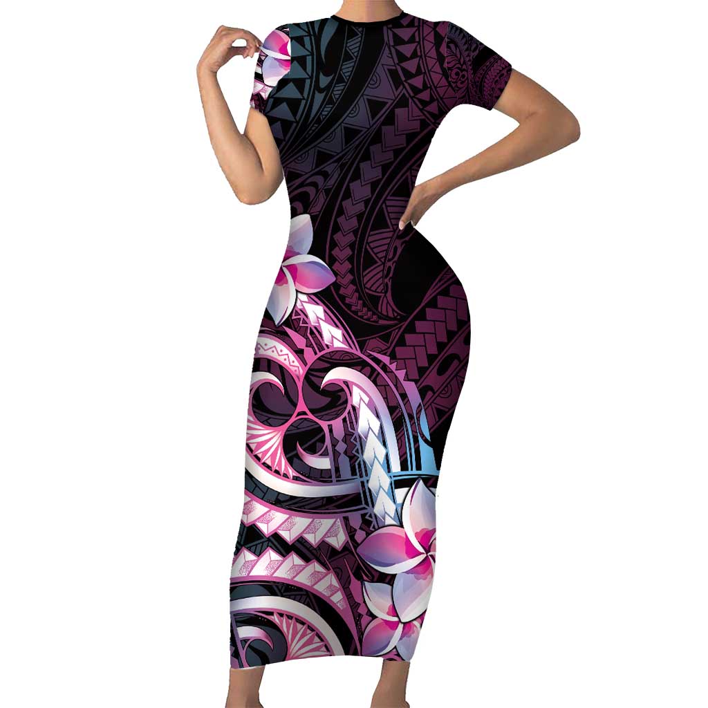 Polynesian Art Tattoo Short Sleeve Bodycon Dress Plumeria Flowers Pink Gradient LT05 Long Dress Pink - Polynesian Pride