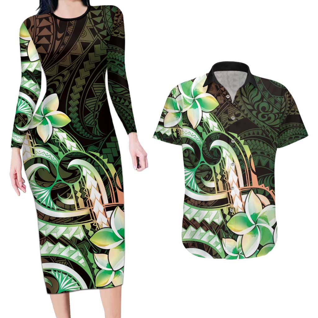 Polynesian Art Tattoo Couples Matching Long Sleeve Bodycon Dress and Hawaiian Shirt Plumeria Flowers Green Gradient LT05 Green - Polynesian Pride