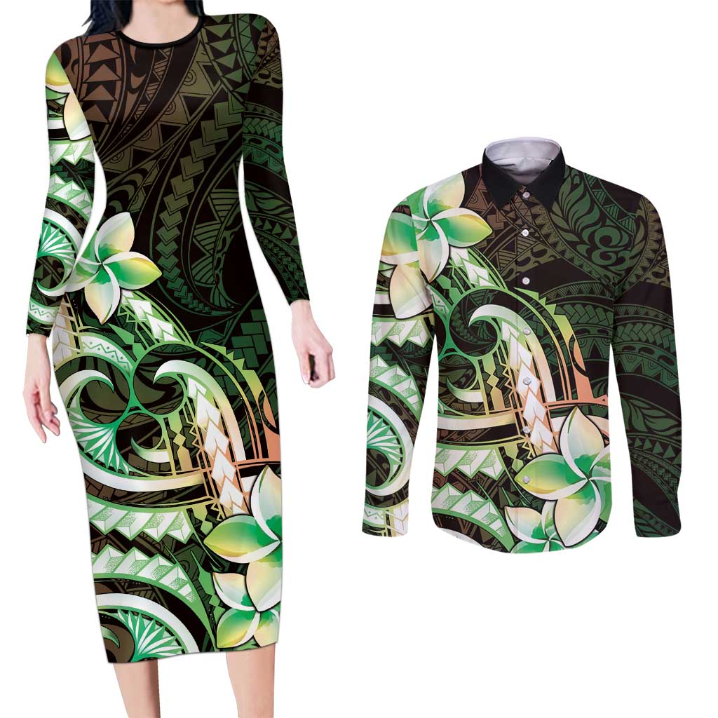 Polynesian Art Tattoo Couples Matching Long Sleeve Bodycon Dress and Long Sleeve Button Shirt Plumeria Flowers Green Gradient LT05 Green - Polynesian Pride