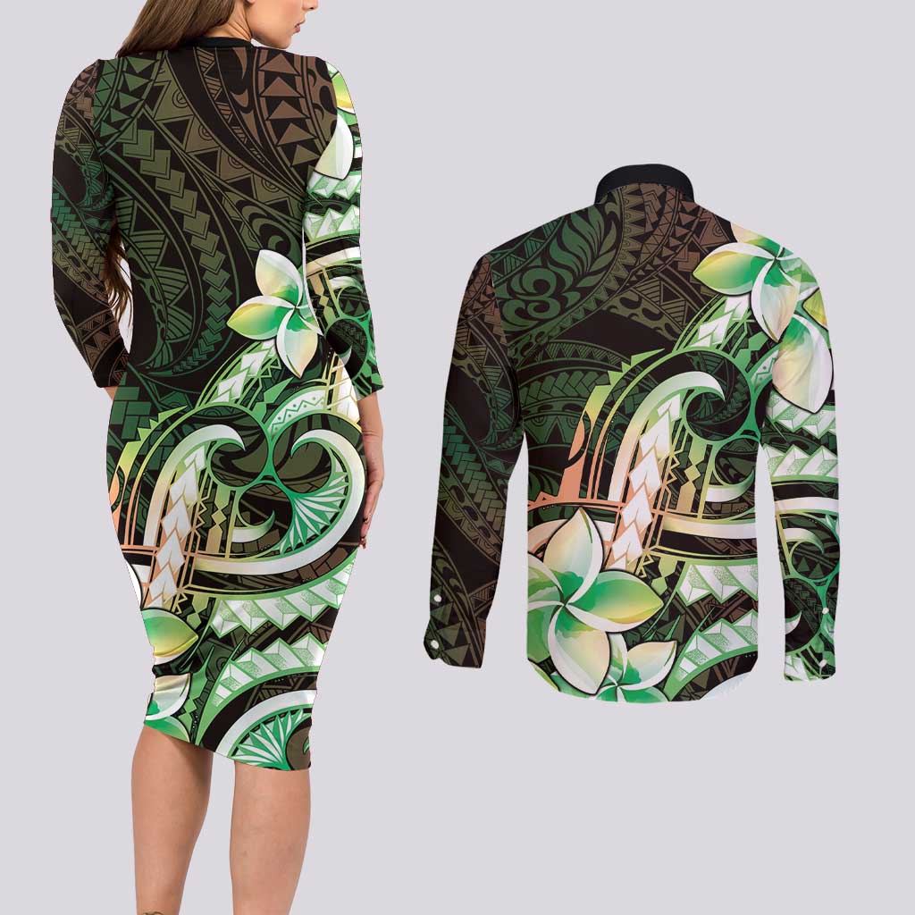 Polynesian Art Tattoo Couples Matching Long Sleeve Bodycon Dress and Long Sleeve Button Shirt Plumeria Flowers Green Gradient LT05 - Polynesian Pride