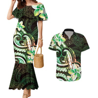 Polynesian Art Tattoo Couples Matching Mermaid Dress and Hawaiian Shirt Plumeria Flowers Green Gradient LT05 Green - Polynesian Pride