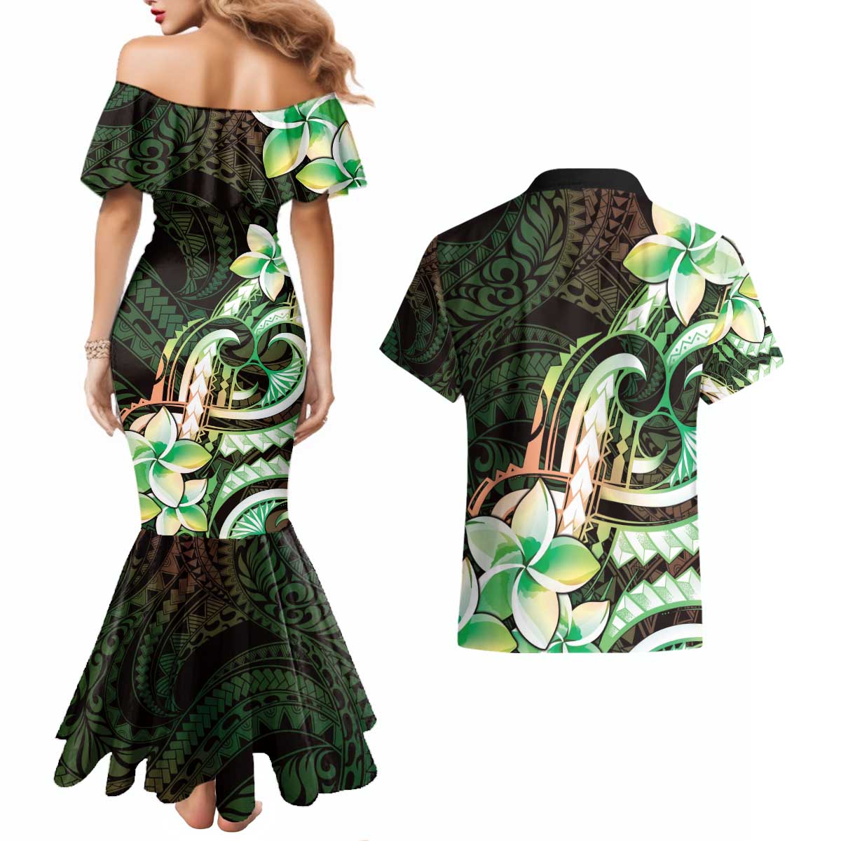 Polynesian Art Tattoo Couples Matching Mermaid Dress and Hawaiian Shirt Plumeria Flowers Green Gradient LT05 - Polynesian Pride