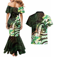 Polynesian Art Tattoo Couples Matching Mermaid Dress and Hawaiian Shirt Plumeria Flowers Green Gradient LT05 - Polynesian Pride
