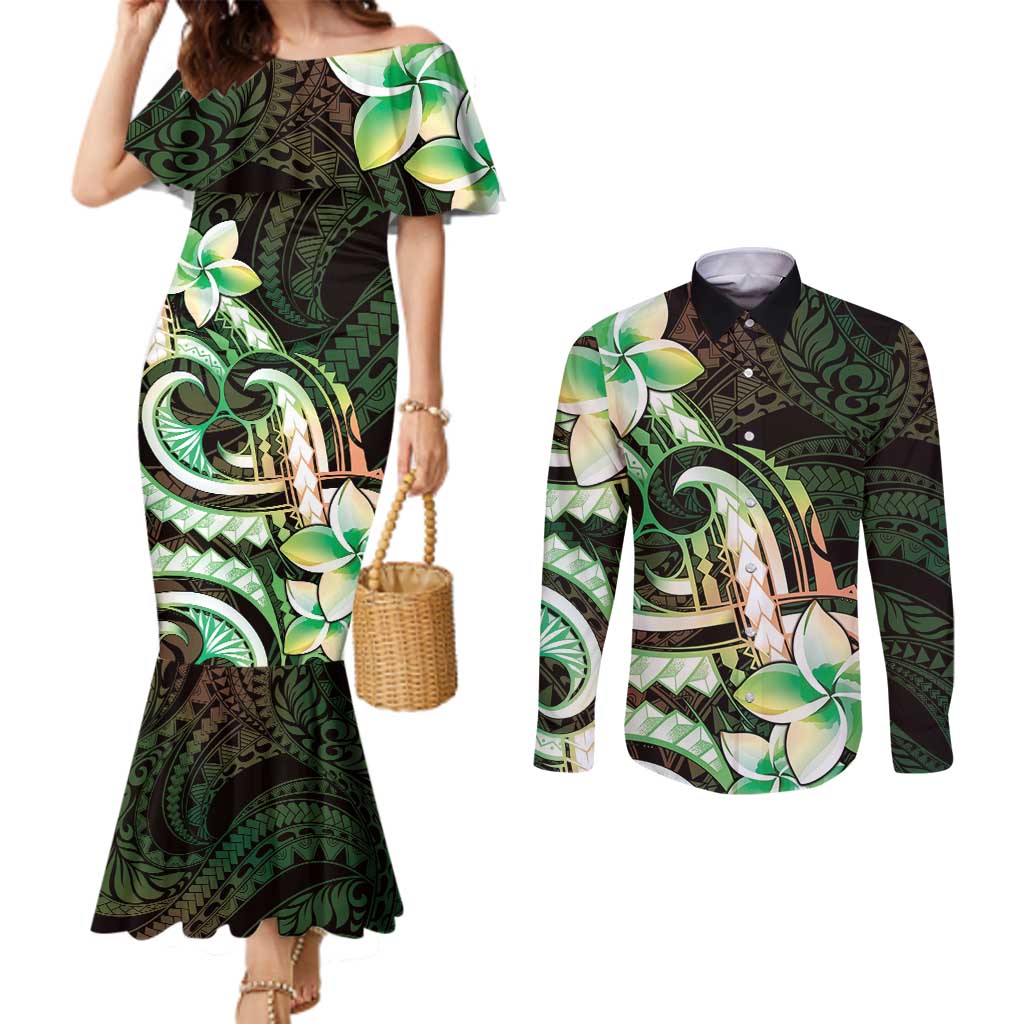 Polynesian Art Tattoo Couples Matching Mermaid Dress and Long Sleeve Button Shirt Plumeria Flowers Green Gradient LT05 Green - Polynesian Pride