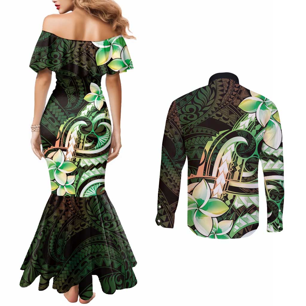 Polynesian Art Tattoo Couples Matching Mermaid Dress and Long Sleeve Button Shirt Plumeria Flowers Green Gradient LT05 - Polynesian Pride