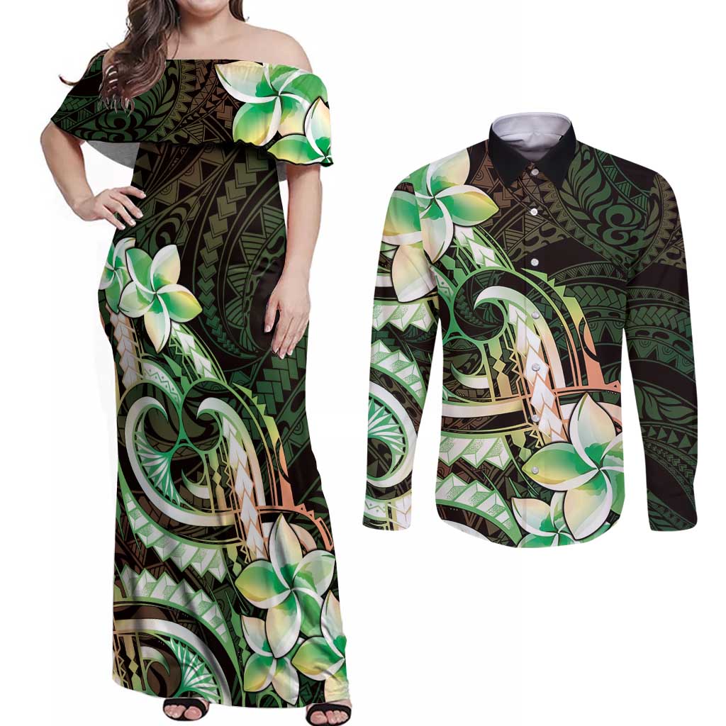 Polynesian Art Tattoo Couples Matching Off Shoulder Maxi Dress and Long Sleeve Button Shirt Plumeria Flowers Green Gradient LT05 Green - Polynesian Pride