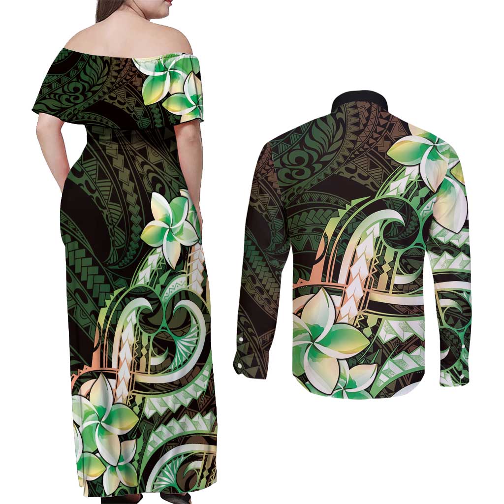 Polynesian Art Tattoo Couples Matching Off Shoulder Maxi Dress and Long Sleeve Button Shirt Plumeria Flowers Green Gradient LT05 - Polynesian Pride