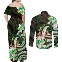 Polynesian Art Tattoo Couples Matching Off Shoulder Maxi Dress and Long Sleeve Button Shirt Plumeria Flowers Green Gradient LT05 - Polynesian Pride