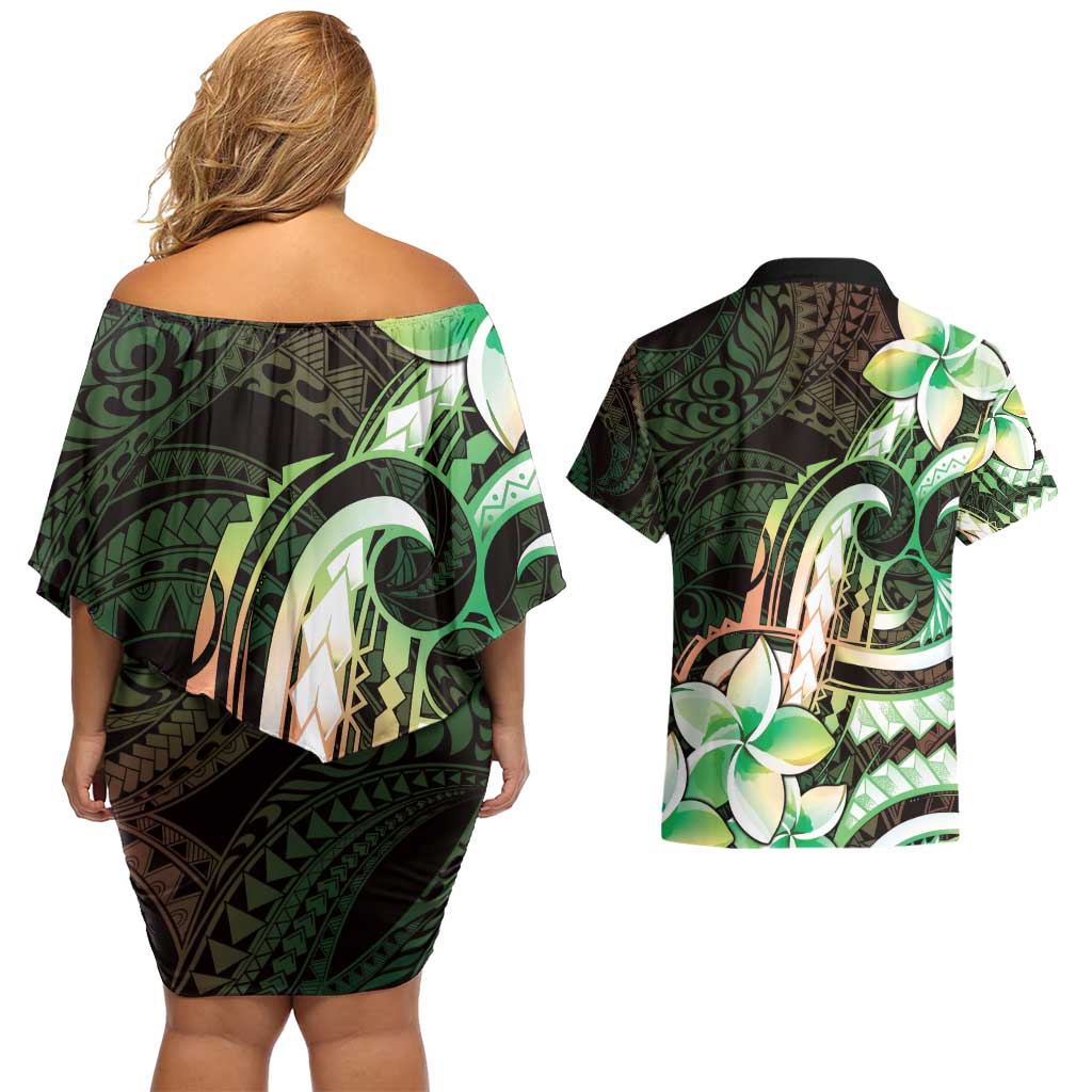 Polynesian Art Tattoo Couples Matching Off Shoulder Short Dress and Hawaiian Shirt Plumeria Flowers Green Gradient LT05 - Polynesian Pride