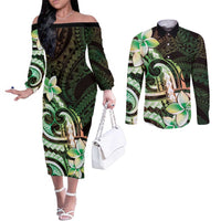 Polynesian Art Tattoo Couples Matching Off The Shoulder Long Sleeve Dress and Long Sleeve Button Shirt Plumeria Flowers Green Gradient LT05 Green - Polynesian Pride