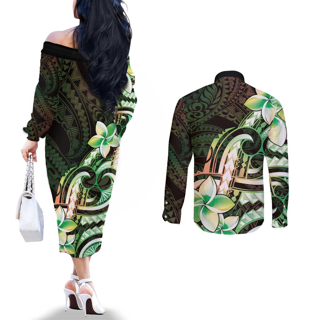 Polynesian Art Tattoo Couples Matching Off The Shoulder Long Sleeve Dress and Long Sleeve Button Shirt Plumeria Flowers Green Gradient LT05 - Polynesian Pride