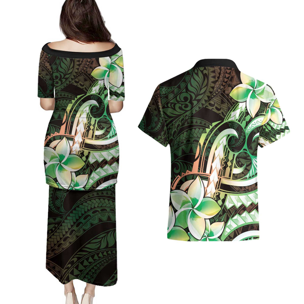 Polynesian Art Tattoo Couples Matching Puletasi and Hawaiian Shirt Plumeria Flowers Green Gradient LT05 - Polynesian Pride