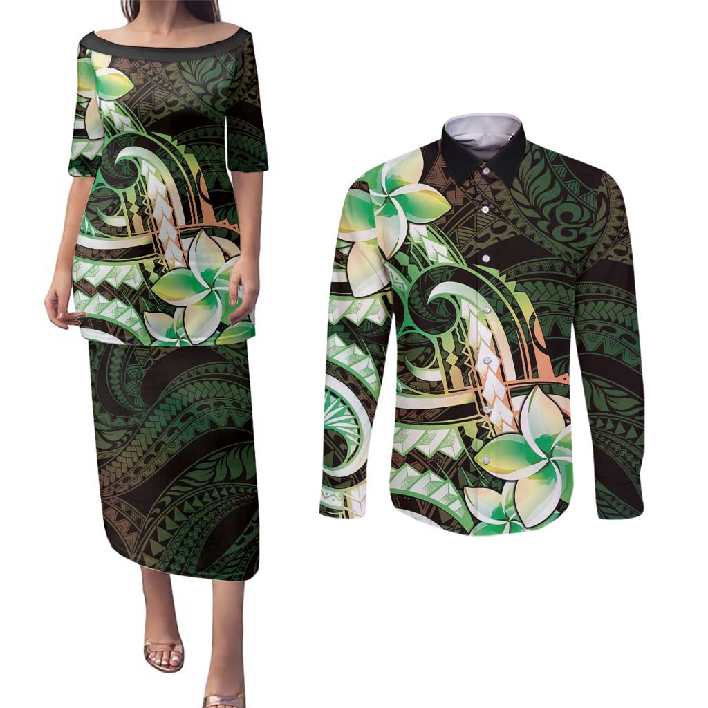 Polynesian Art Tattoo Couples Matching Puletasi and Long Sleeve Button Shirt Plumeria Flowers Green Gradient LT05 Green - Polynesian Pride
