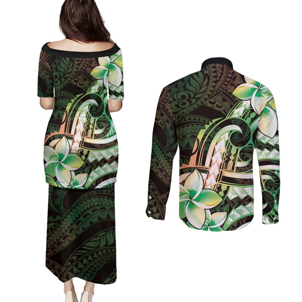 Polynesian Art Tattoo Couples Matching Puletasi and Long Sleeve Button Shirt Plumeria Flowers Green Gradient