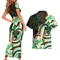 Polynesian Art Tattoo Couples Matching Short Sleeve Bodycon Dress and Hawaiian Shirt Plumeria Flowers Green Gradient LT05 - Polynesian Pride
