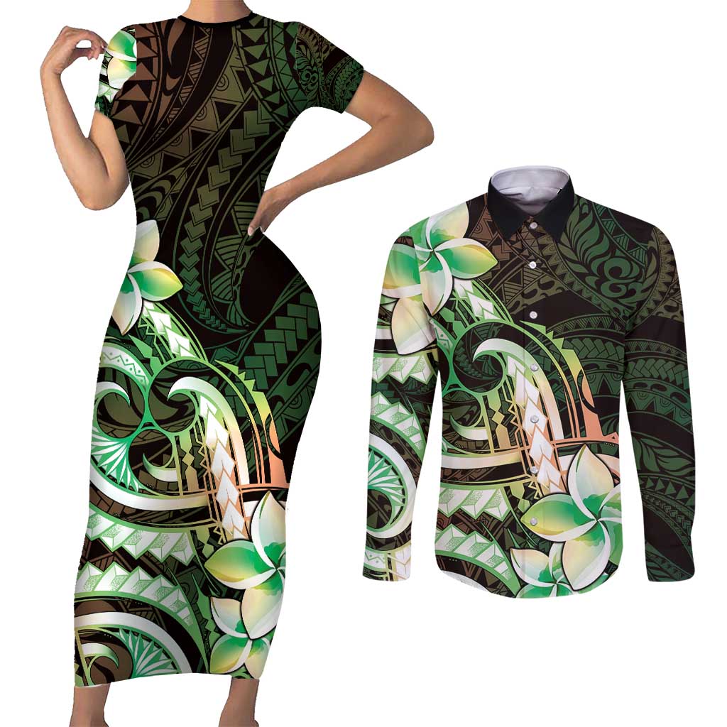 Polynesian Art Tattoo Couples Matching Short Sleeve Bodycon Dress and Long Sleeve Button Shirt Plumeria Flowers Green Gradient LT05 Green - Polynesian Pride