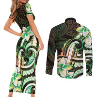 Polynesian Art Tattoo Couples Matching Short Sleeve Bodycon Dress and Long Sleeve Button Shirt Plumeria Flowers Green Gradient LT05 - Polynesian Pride