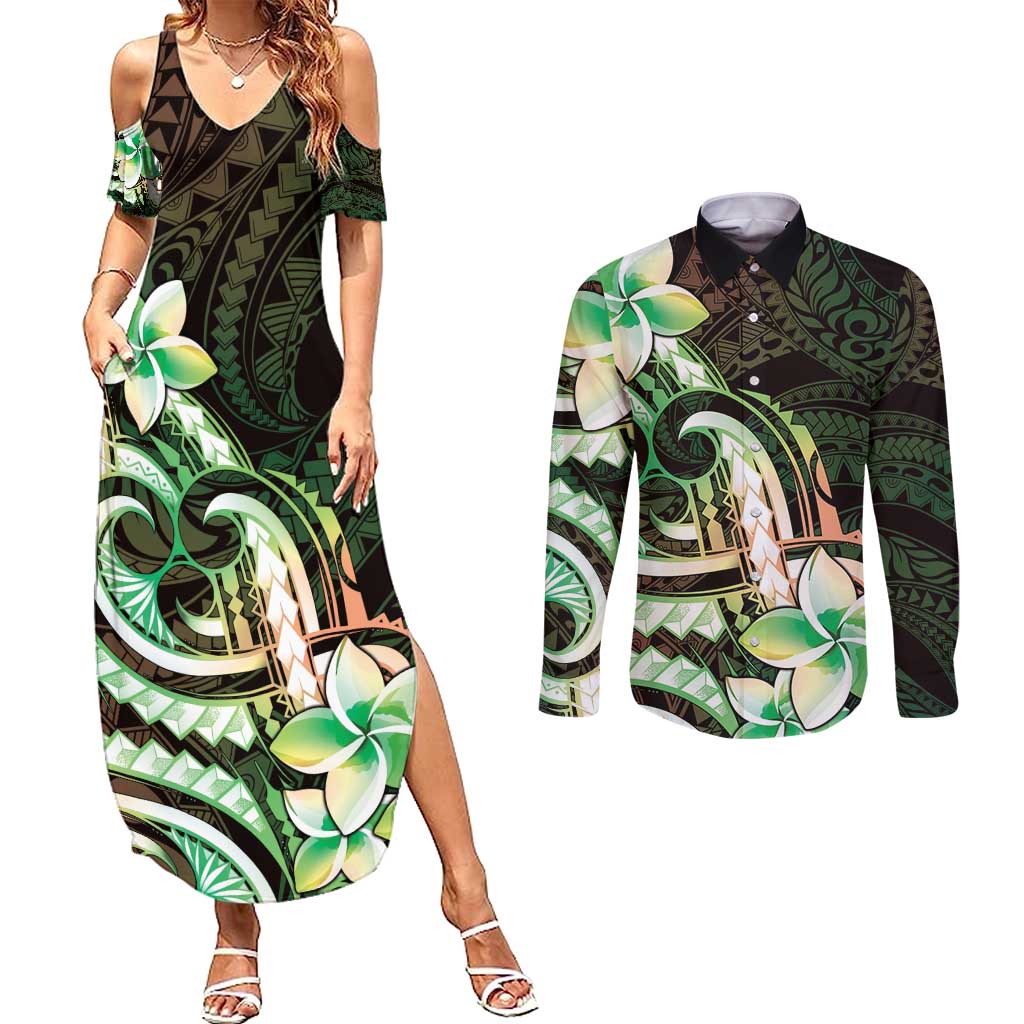 Polynesian Art Tattoo Couples Matching Summer Maxi Dress and Long Sleeve Button Shirt Plumeria Flowers Green Gradient LT05 Green - Polynesian Pride