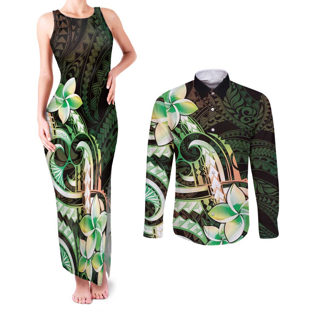 Polynesian Art Tattoo Couples Matching Tank Maxi Dress and Long Sleeve Button Shirt Plumeria Flowers Green Gradient LT05 Green - Polynesian Pride