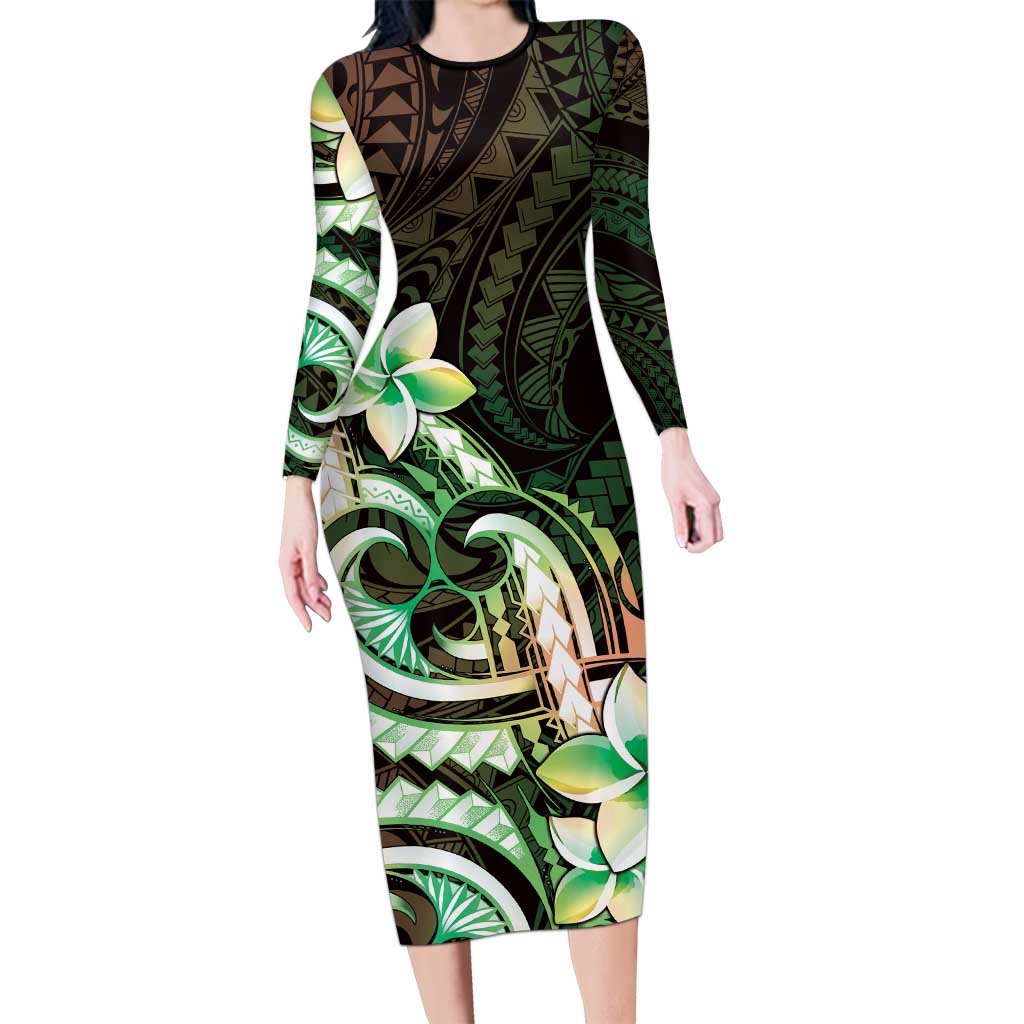 Polynesian Art Tattoo Family Matching Long Sleeve Bodycon Dress and Hawaiian Shirt Plumeria Flowers Green Gradient LT05 Mom's Dress Green - Polynesian Pride