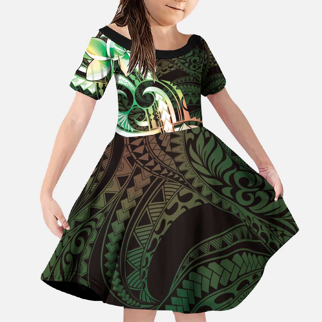 Polynesian Art Tattoo Family Matching Mermaid Dress and Hawaiian Shirt Plumeria Flowers Green Gradient LT05 Daughter's Dress Green - Polynesian Pride