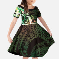 Polynesian Art Tattoo Family Matching Off The Shoulder Long Sleeve Dress and Hawaiian Shirt Plumeria Flowers Green Gradient LT05 Daughter's Dress Green - Polynesian Pride