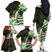 Polynesian Art Tattoo Family Matching Off The Shoulder Long Sleeve Dress and Hawaiian Shirt Plumeria Flowers Green Gradient LT05 - Polynesian Pride