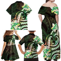 Polynesian Art Tattoo Family Matching Off Shoulder Maxi Dress and Hawaiian Shirt Plumeria Flowers Green Gradient LT05 - Polynesian Pride