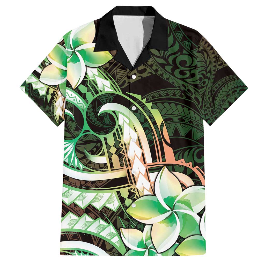 Polynesian Art Tattoo Family Matching Off Shoulder Maxi Dress and Hawaiian Shirt Plumeria Flowers Green Gradient LT05 Dad's Shirt - Short Sleeve Green - Polynesian Pride