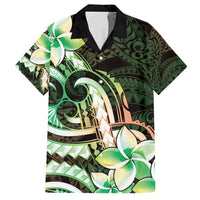 Polynesian Art Tattoo Family Matching Off Shoulder Maxi Dress and Hawaiian Shirt Plumeria Flowers Green Gradient LT05 Dad's Shirt - Short Sleeve Green - Polynesian Pride