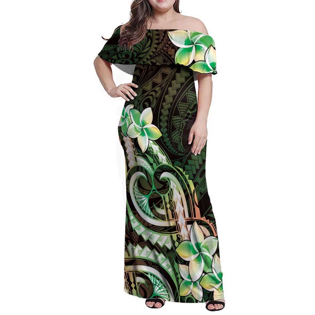 Polynesian Art Tattoo Family Matching Off Shoulder Maxi Dress and Hawaiian Shirt Plumeria Flowers Green Gradient LT05 Mom's Dress Green - Polynesian Pride