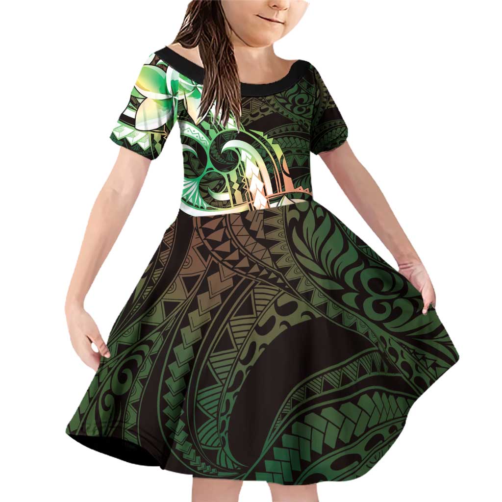 Polynesian Art Tattoo Family Matching Off Shoulder Short Dress and Hawaiian Shirt Plumeria Flowers Green Gradient LT05 Daughter's Dress Green - Polynesian Pride