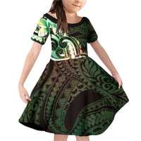 Polynesian Art Tattoo Family Matching Off Shoulder Short Dress and Hawaiian Shirt Plumeria Flowers Green Gradient LT05 Daughter's Dress Green - Polynesian Pride