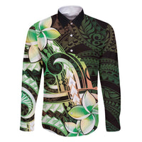 Polynesian Art Tattoo Family Matching Off Shoulder Short Dress and Hawaiian Shirt Plumeria Flowers Green Gradient LT05 Dad's Shirt - Long Sleeve Green - Polynesian Pride